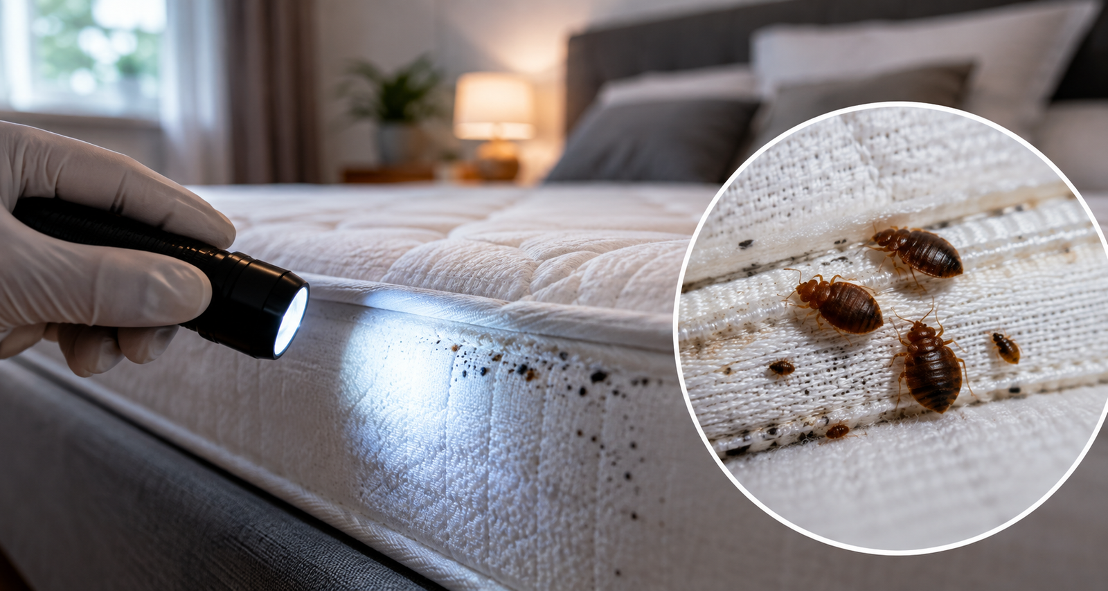 Bed bugs hiding in a mattress seam.