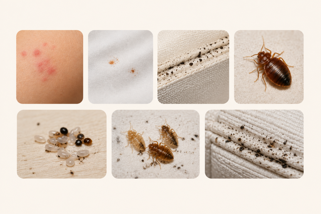 Bed bug infestation signs including bites, stains, dark spots, eggs, insects, and traces around mattress seams.