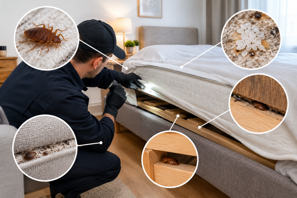 Inspection professionnelle d’un lit infesté par des punaises de lit et de leurs œufs.