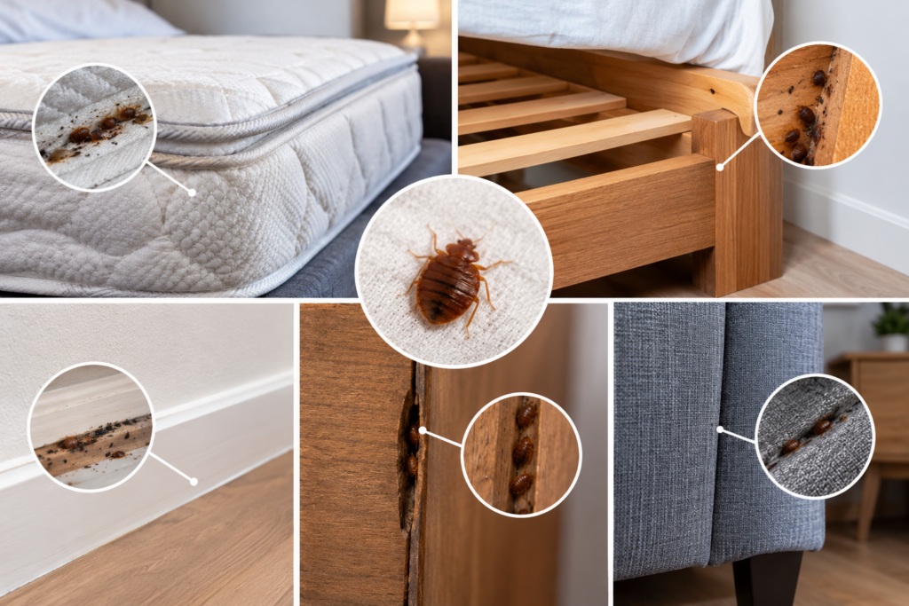 Punaises de lit cachées dans les coutures du matelas, le sommier, les plinthes et les meubles